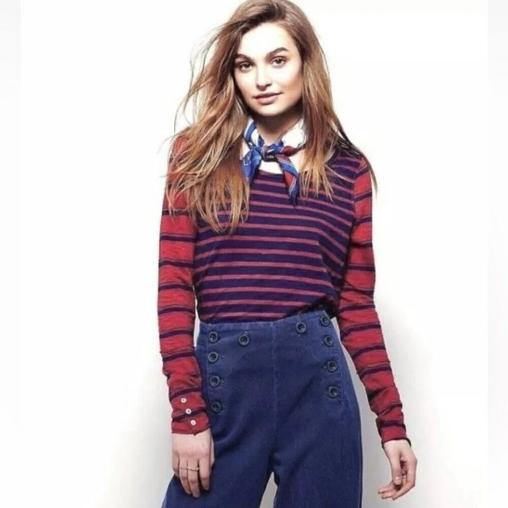 We the Free Burnt Red Blue Mix It Stripe Tee Women Small Long Sleeves Distressed
